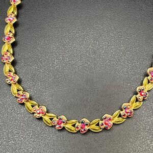 Vintage Gold-Tone Floral Necklace w/ Fuchsia AB Rhinestones, 18", MTC Mark